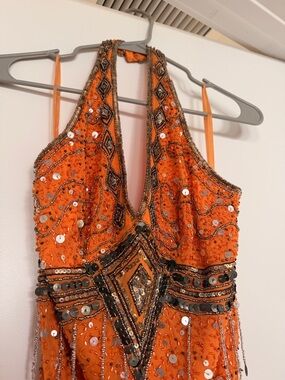 Orange Sequin Halter Cocktail Dress